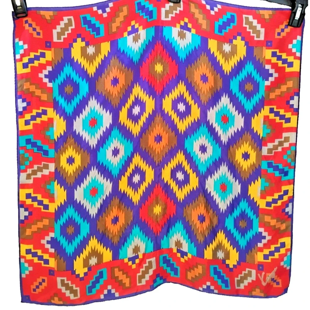 Kenzo Silk Satin Square Scarf Geometric Ikat Diamond Dopamine Festival Bold